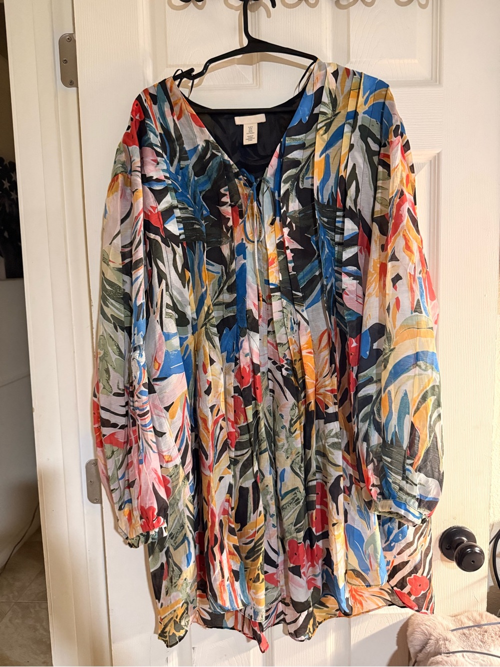 HM Pintucked Mini Dress Womens Tropical Floral Empire Waist Long‎ Sleeve Medium